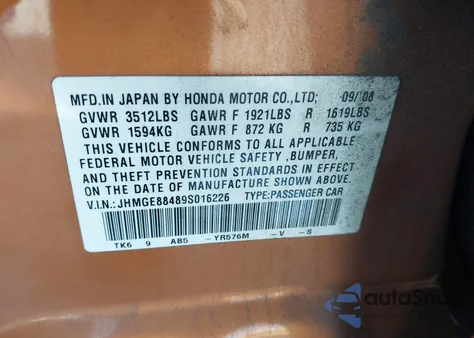 2009 Honda Fit Sport z USA, uszkodzony, nr VIN JHMGE88489S016226